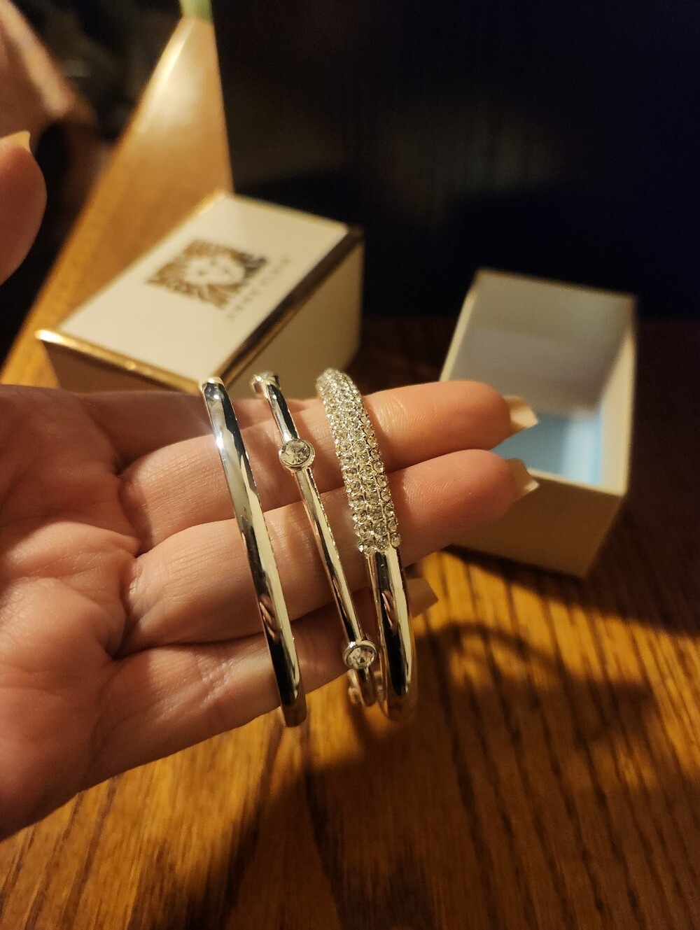 Anne Klein Silver Crystal Trio Bangle Set with Pavé Accent - Picture 5 of 6
